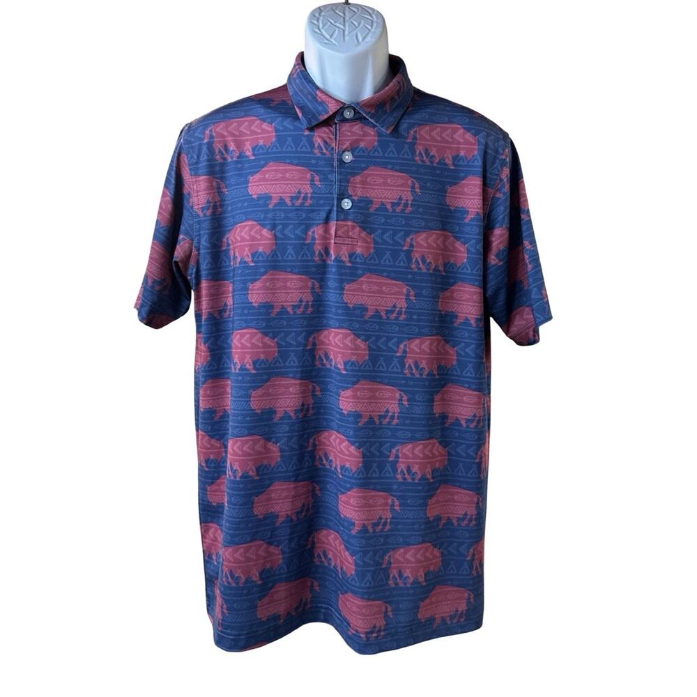 Waggle Buffalo Print Golf Polo Shirt Blue Pink Short Sleeve Men's L